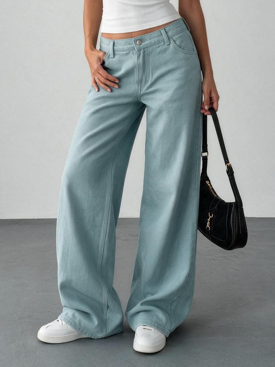 EURMUSE 100% Cotton LOW RISE WIDELEG CUT WHITE JEAN - Baby Blue - View 1