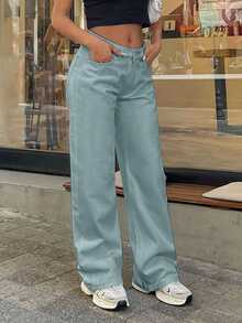 EURMUSE 100% Cotton LOW RISE WIDELEG CUT WHITE JEAN - Baby Blue - View 5