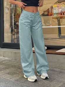 EURMUSE 100% Cotton LOW RISE WIDELEG CUT WHITE JEAN - Baby Blue - View 7