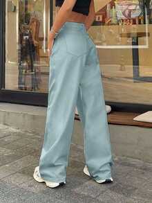 EURMUSE 100% Cotton LOW RISE WIDELEG CUT WHITE JEAN - Baby Blue - View 2