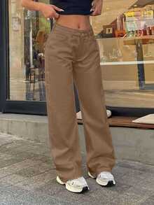 EURMUSE 100% Cotton LOW RISE WIDELEG CUT WHITE JEAN - Mocha Brown - View 6