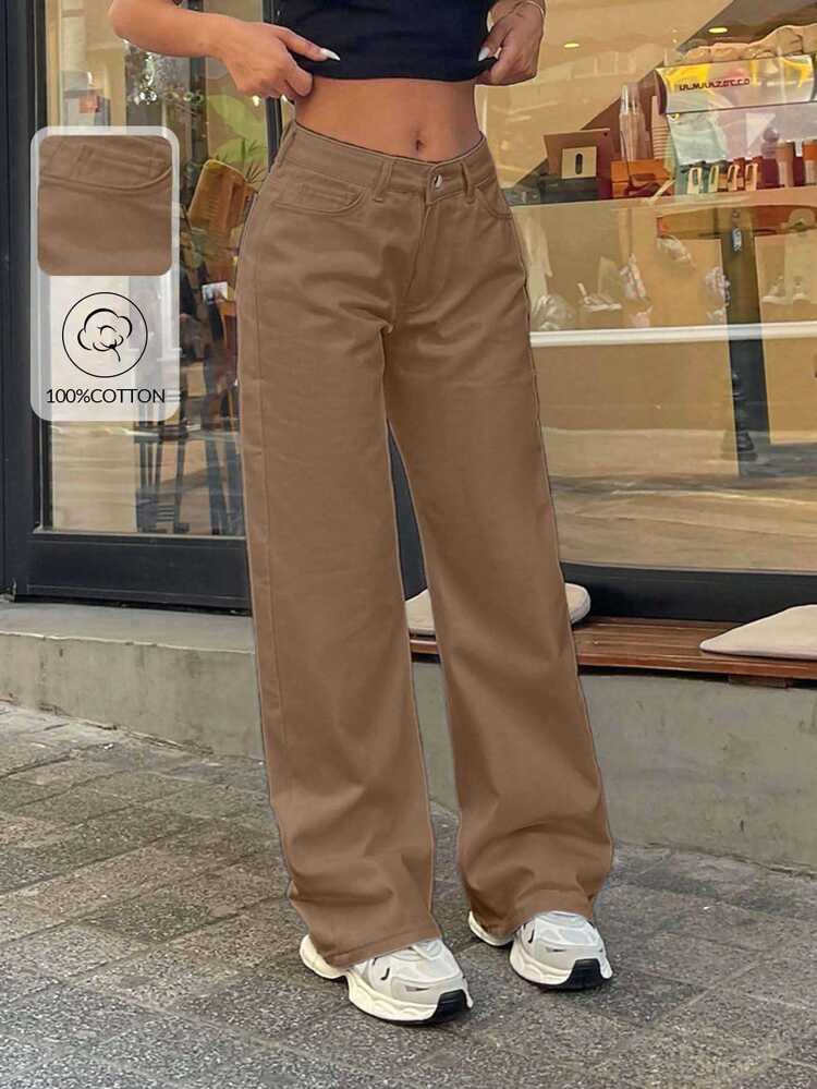 EURMUSE 100% Cotton LOW RISE WIDELEG CUT WHITE JEAN - Mocha Brown - View 8