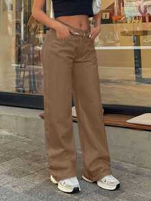 EURMUSE 100% Cotton LOW RISE WIDELEG CUT WHITE JEAN - Mocha Brown - View 5