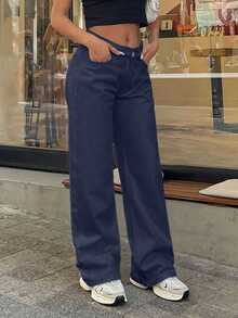 EURMUSE 100% Cotton LOW RISE WIDELEG CUT WHITE JEAN - Navy Blue - View 3