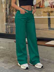 EURMUSE 100% Cotton LOW RISE WIDELEG CUT WHITE JEAN - Green - View 3