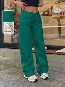 EURMUSE 100% Cotton LOW RISE WIDELEG CUT WHITE JEAN - Green - View 8