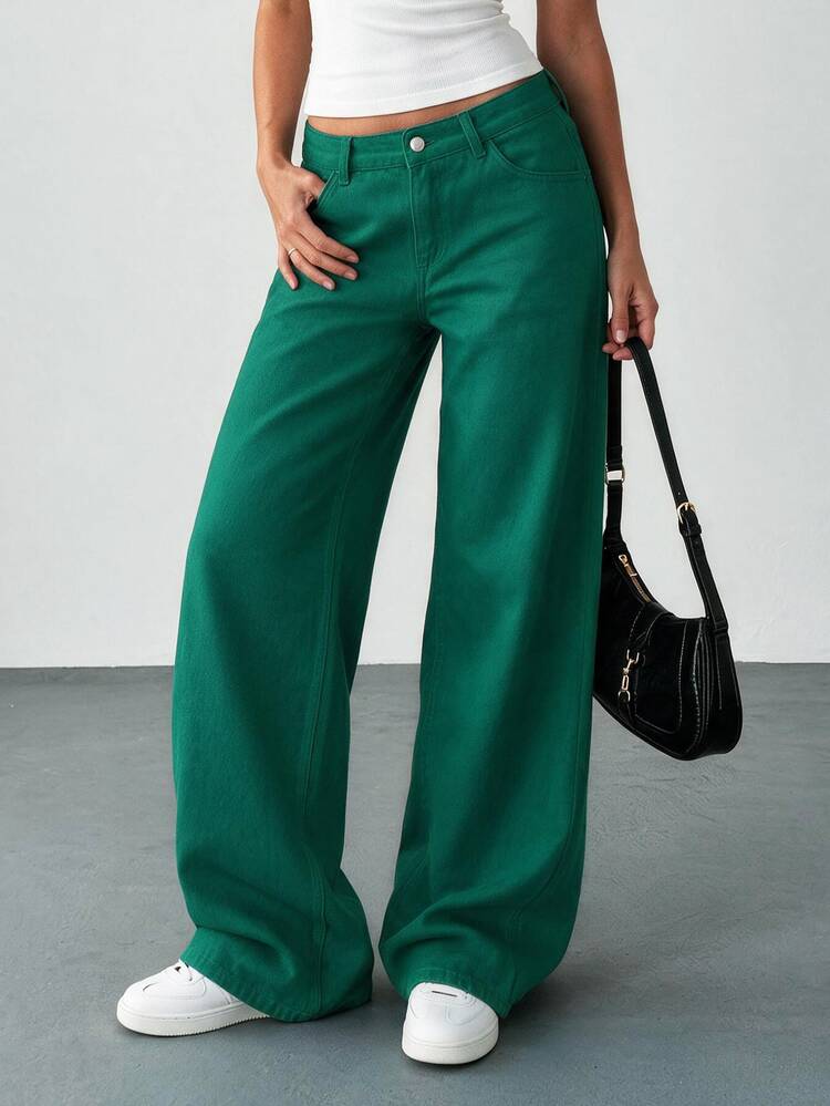 EURMUSE 100% Cotton LOW RISE WIDELEG CUT WHITE JEAN - Green - View 1