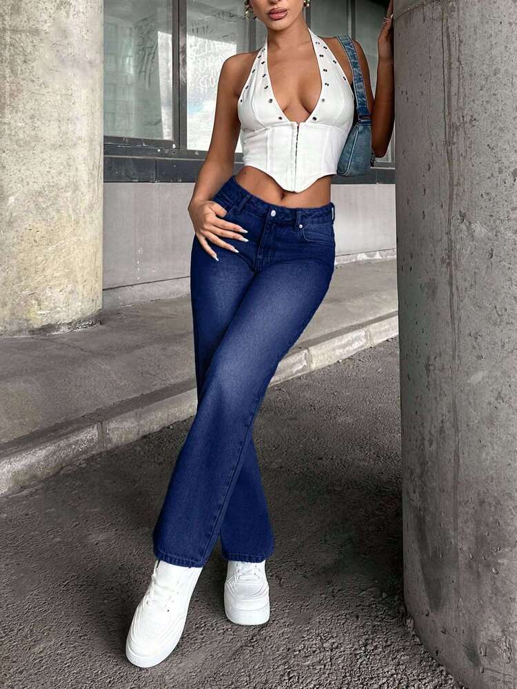 EURMUSE 100%Cotton Women Low Waist Straight Leg Blue Jeans ,Petite Women - Dark Wash - View 5