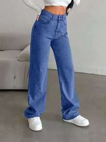 EURMUSE Snow Wash Straight Leg Jeans High Rise ,Petite Women - Royal Blue - View 4