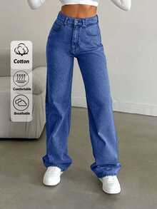 EURMUSE Snow Wash Straight Leg Jeans High Rise ,Petite Women - Royal Blue - View 8