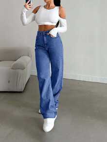 EURMUSE Snow Wash Straight Leg Jeans High Rise ,Petite Women - Royal Blue - View 5