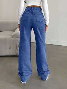 EURMUSE Snow Wash Straight Leg Jeans High Rise ,Petite Women - Royal Blue - View 2
