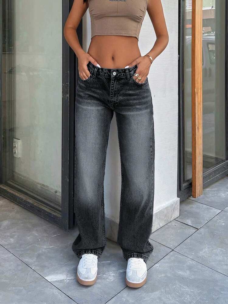 EURMUSE LOW RISE CROPPED STRAIGHT CUT WOMEN JEAN Going Out Everyday Night Out Nightout Dark Grey Summer Streetwear Y2k Casual - Dark Grey - View 7