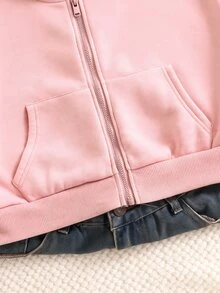秋冬季青少年女孩連帽拉鍊夾克－混搭街頭風，秋季服飾，節日穿搭 - 粉色 - 查看 3