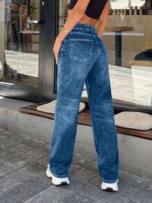EURMUSE 96% CottonSTRAIGHT LEG MID WAIST JEANS - Royal Blue - View 2