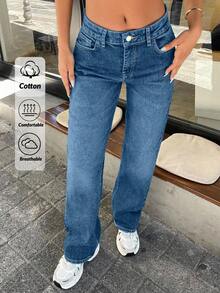 EURMUSE 96% CottonSTRAIGHT LEG MID WAIST JEANS - Royal Blue - View 8