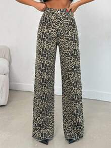 100 Cotton MID RISE WIDEEG CUT Grey Leopard Print JEAN Night Summer Punk Grunge - Multicolor - View 5