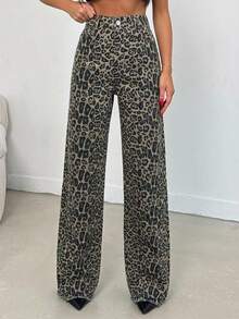 100 Cotton MID RISE WIDEEG CUT Grey Leopard Print JEAN Night Summer Punk Grunge - Multicolor - View 2