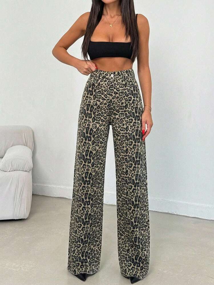 100 Cotton MID RISE WIDEEG CUT Grey Leopard Print JEAN Night Summer Punk Grunge - Multicolor - View 7