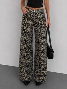 100 Cotton MID RISE WIDEEG CUT Grey Leopard Print JEAN Night Summer Punk Grunge - Multicolor - View 1