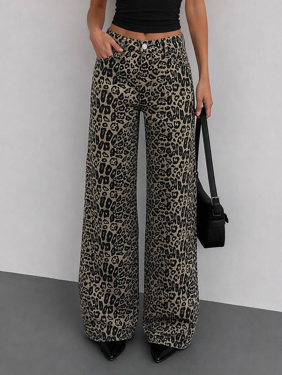 100 Cotton MID RISE WIDEEG CUT Grey Leopard Print JEAN Night Summer Punk Grunge - Multicolor - View 1