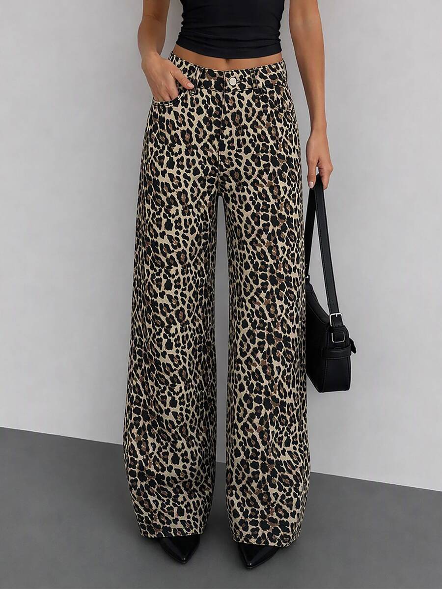 100% Cotton MID RISE WIDEEG CUT LEOPARD JEAN - Multicolor - View 1
