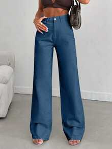 EURMUSE 100% Baumwolle Damen Gerade Loose Lässig Vielseitige Jeans mit Tasche - Blau - Übersicht 4
