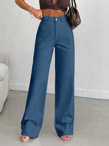 EURMUSE 100% Baumwolle Damen Gerade Loose Lässig Vielseitige Jeans mit Tasche - Blau - Übersicht 7