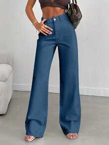 EURMUSE 100% Baumwolle Damen Gerade Loose Lässig Vielseitige Jeans mit Tasche - Blau - Übersicht 6