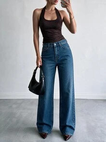 EURMUSE 100% Baumwolle Damen Gerade Loose Lässig Vielseitige Jeans mit Tasche - Blau - Übersicht 1
