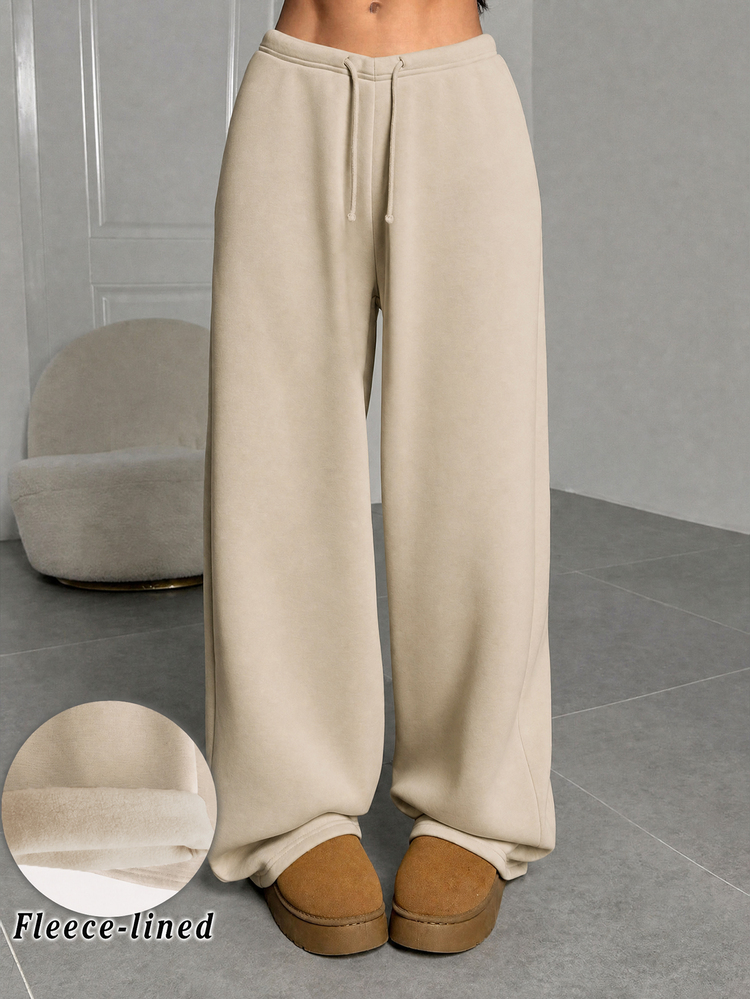 SHEIN Tween Girls Autumn And Winter Plus Velvet Thickened Simple Drawstring Loose Sports Straight Pants - Apricot - View 3