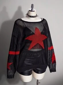 SHEIN ICON Plus Size Women's Star Pattern Casual Daily Pullover Sweater Winter - Black - View 5
