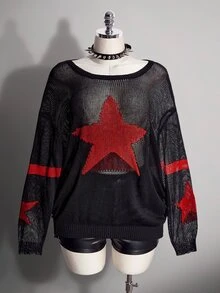 SHEIN ICON Plus Size Women's Star Pattern Casual Daily Pullover Sweater Winter - Black - View 8