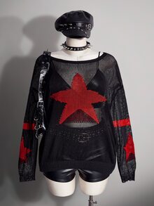 SHEIN ICON Plus Size Women's Star Pattern Casual Daily Pullover Sweater Winter - Black - View 2
