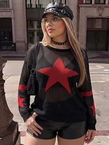 SHEIN ICON Plus Size Women's Star Pattern Casual Daily Pullover Sweater Winter - Black - View 4
