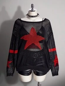 SHEIN ICON Plus Size Women's Star Pattern Casual Daily Pullover Sweater Winter - Black - View 6