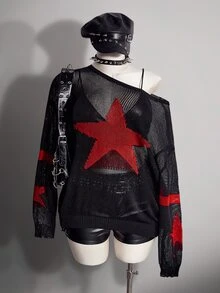 SHEIN ICON Plus Size Women's Star Pattern Casual Daily Pullover Sweater Winter - Black - View 1