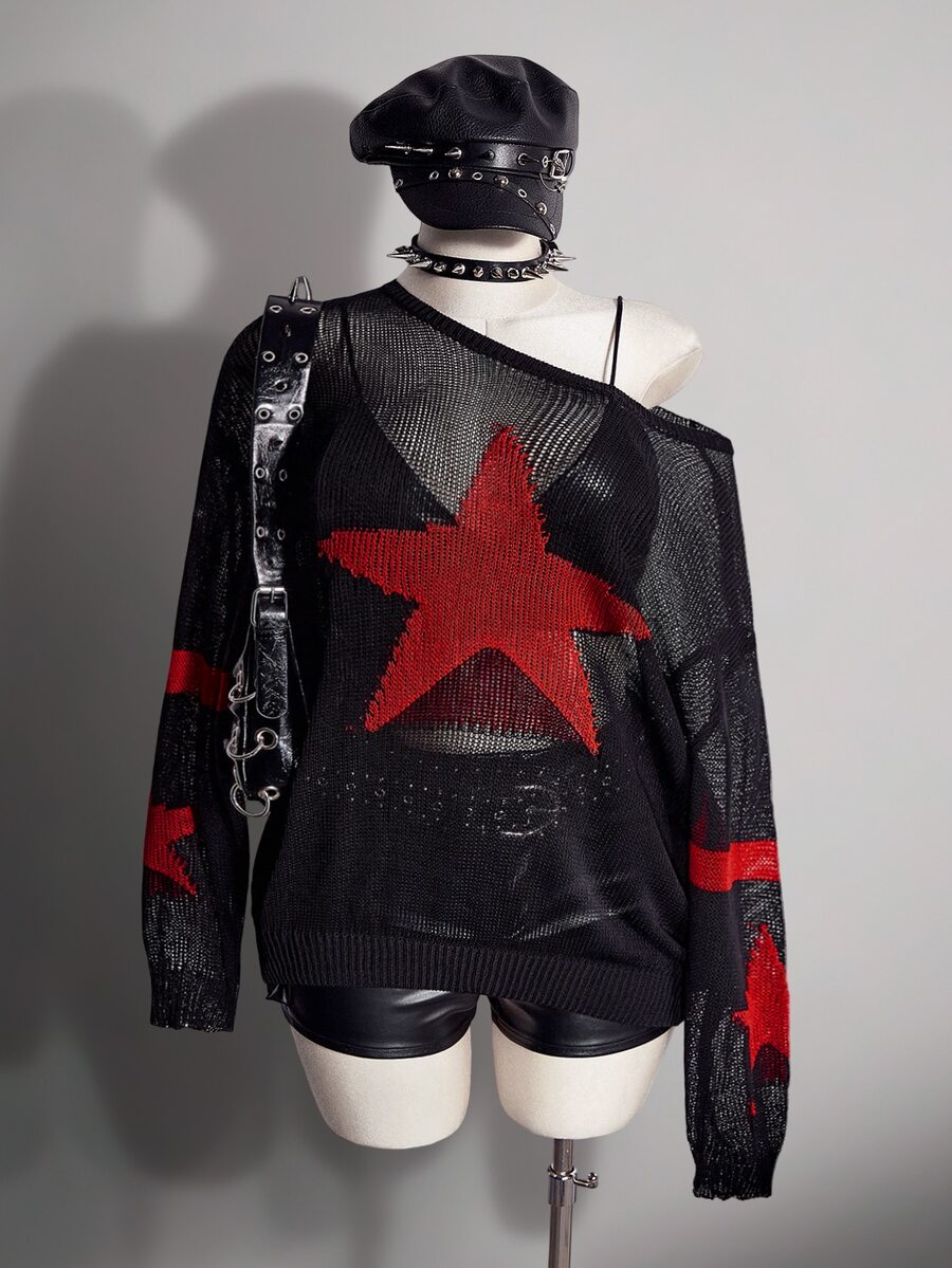 SHEIN ICON Plus Size Women's Star Pattern Casual Daily Pullover Sweater Winter - Black - View 1