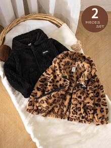 SHEIN Baby Girl Knitted Solid Color Leopard Print Plush Hooded Casual Jacket 2pcs Set, Fleece Lined Brushed Thick Style Suitable For Winter - Multicolor - View 6