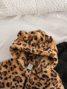 SHEIN Baby Girl Knitted Solid Color Leopard Print Plush Hooded Casual Jacket 2pcs Set, Fleece Lined Brushed Thick Style Suitable For Winter - Multicolor - View 5