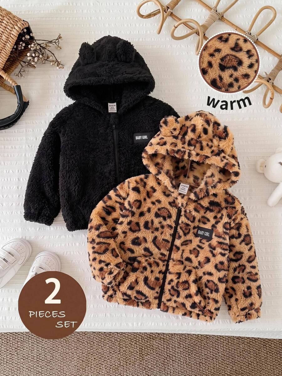 SHEIN Baby Girl Knitted Solid Color Leopard Print Plush Hooded Casual Jacket 2pcs Set, Fleece Lined Brushed Thick Style Suitable For Winter - Multicolor - View 1