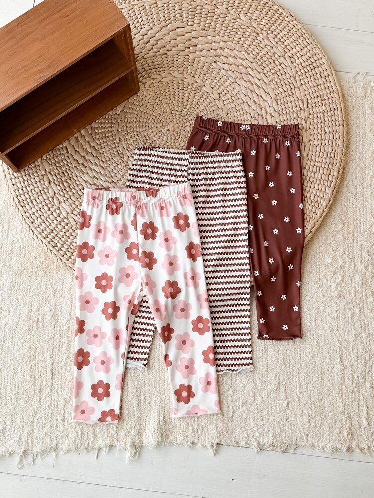 SHEIN Playful Pals 3件組幼童女童內搭褲褲子 可愛棕色粉色白色花朵條紋荷葉邊 常規款 生日派對 秋季 公主風 甜美舒適 芭蕾復古風 - 彩色 - 查看 9