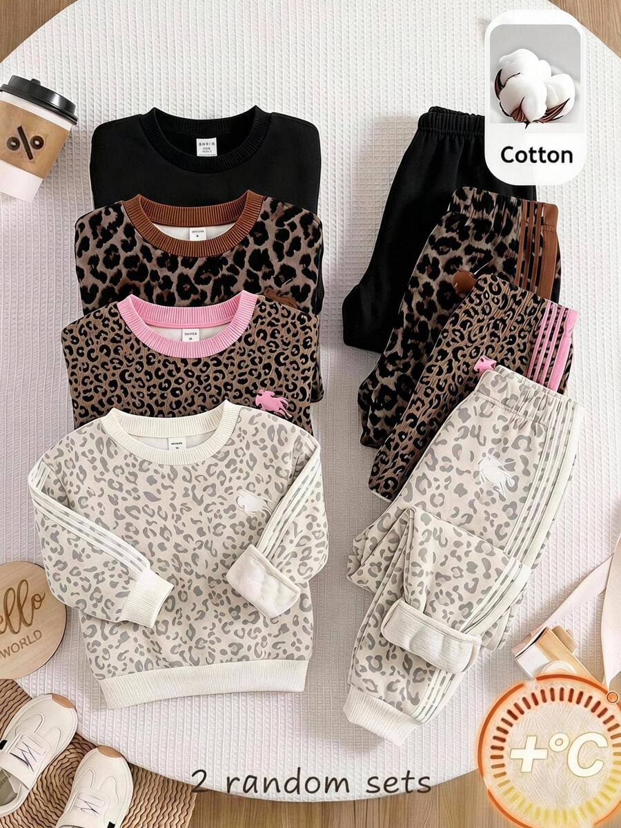 SHEIN Baby Girl Simple Leopard Print Knit Soft Long Sleeve Pullover Casual Sweatshirt Elastic Waist Long Pants 4pcs -Piece Set - Multicolor - View 1