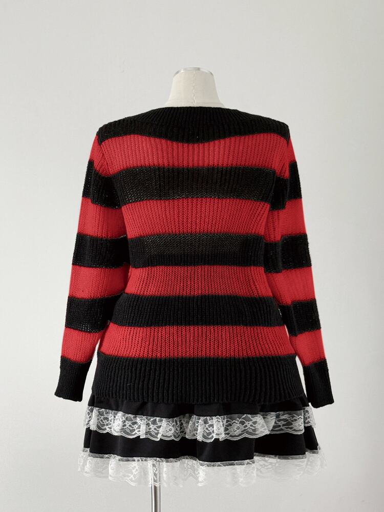 Sunspun Black & White Striped Pullover Sweater, Zipper Decor, Dark Style For Women Fall - Red - View 2