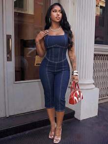 Slaydiva Plus Size Women Casual Halter Neck Denim Flare Cropped Jumpsuit - Blue - View 1