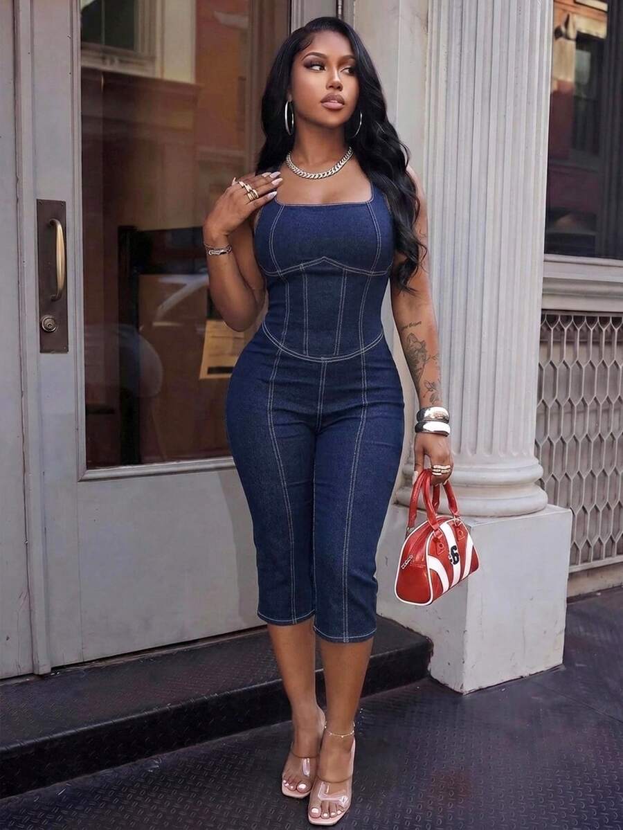 Slaydiva Plus Size Women Casual Halter Neck Denim Flare Cropped Jumpsuit - Blue - View 1