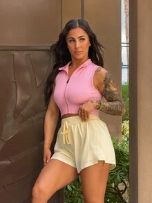 SAYEHFBABY Women's Light Pink Seamless High Elastic Cropped Sports Tank Top,Summer Athleisure Gym Workout Clothing,Solid Color Athletic Gear Sports Outfit - Pink - View 4
