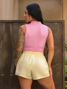 SAYEHFBABY Women's Light Pink Seamless High Elastic Cropped Sports Tank Top,Summer Athleisure Gym Workout Clothing,Solid Color Athletic Gear Sports Outfit - Pink - View 2