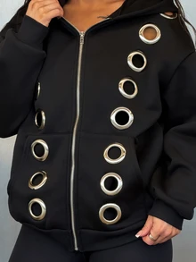 SAYEHFBABY 2025 新款秋季女装时尚前卫金属孔眼设计黑色连帽卫衣，短款外套，适合外出、返校、街头、朋克风、Y2K 风、个性女性等各种场合。 - 黑色 - 查看 5