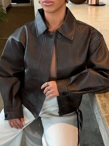 SAYEHFBABY 秋冬新款寬鬆休閒加厚PU女款正裝外套夾克 - 咖啡棕 - 查看 6
